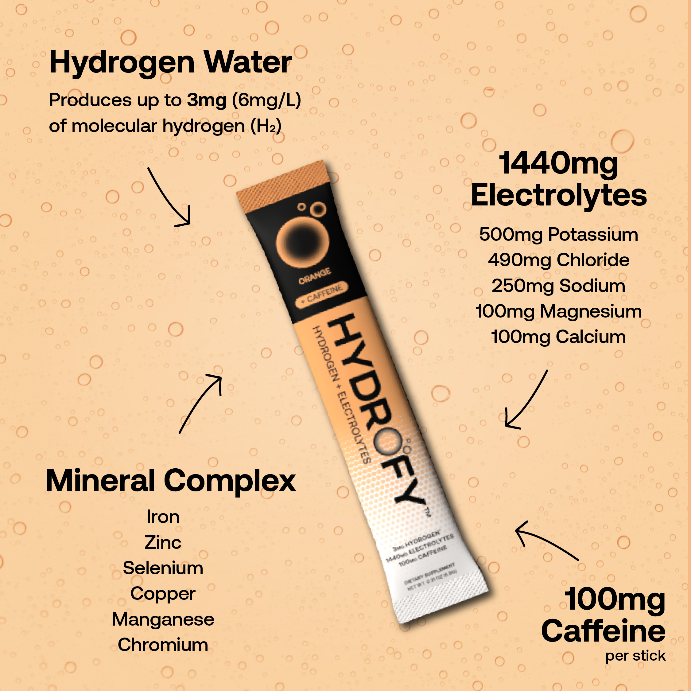 Hydrofy Hydrogen Water Electrolyte Orange + Caffeine 25ct