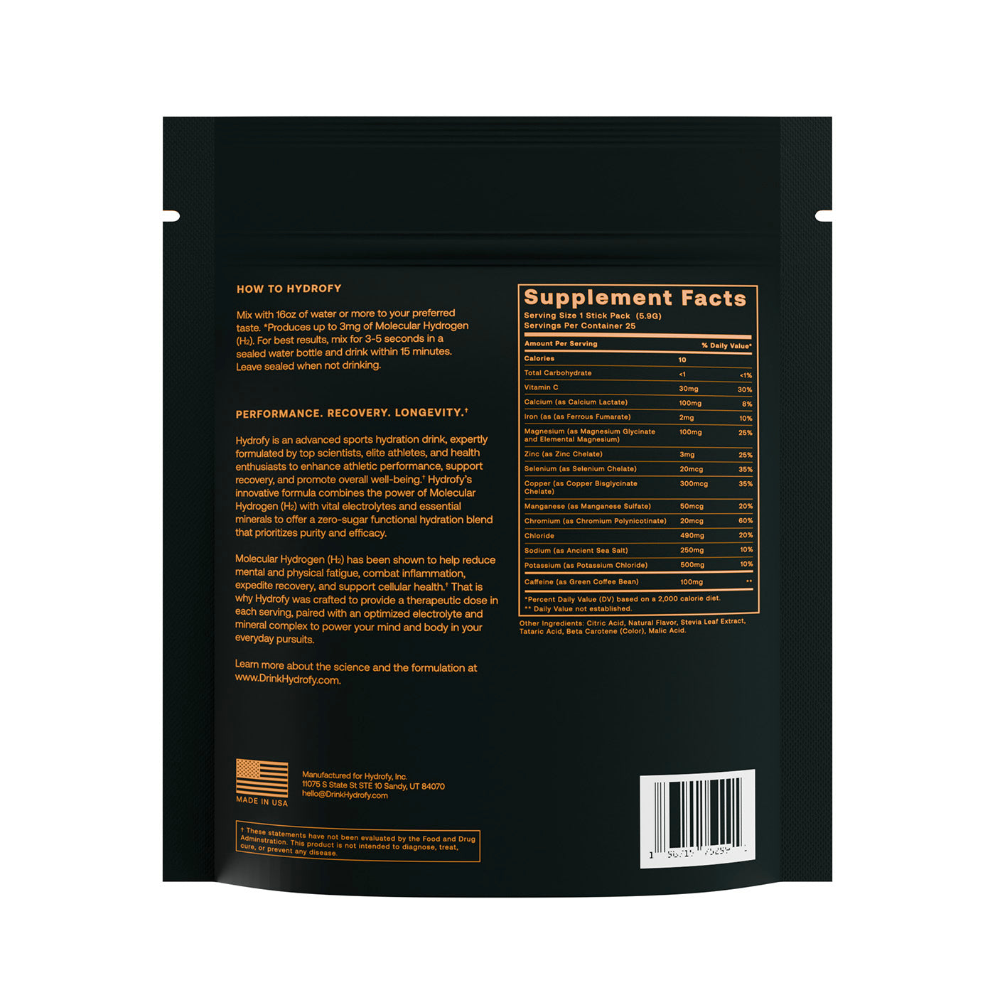 Hydrofy Hydrogen Water Electrolyte Orange + Caffeine 25ct