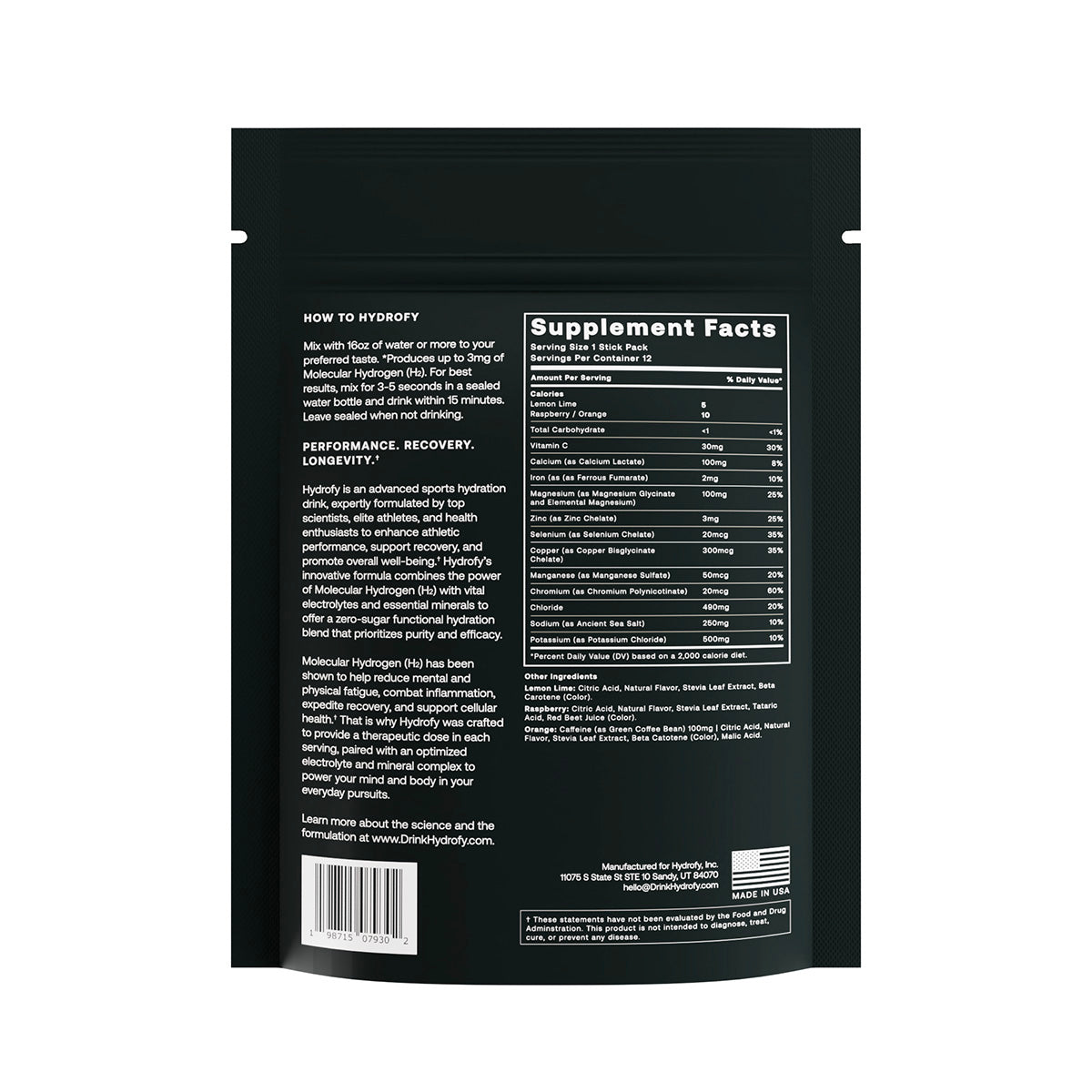 Hydrofy Hydrogen Water Electrolyte Variety Pack 12ct